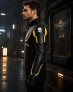 Men's Black Leather Jacket with Yellow Accents