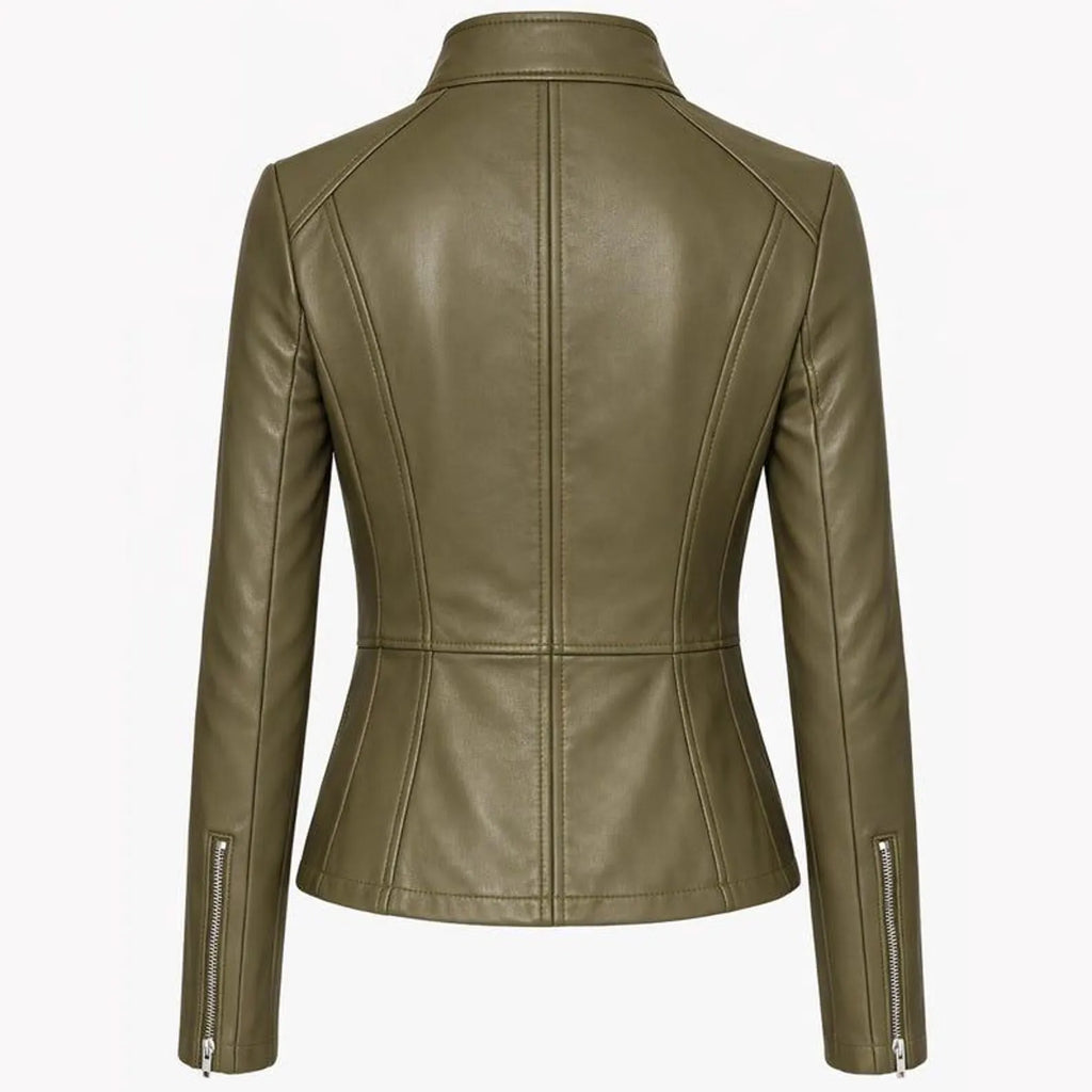 Women’s Olive Green Leather Jacket – Fitted Zip Up Moto Jacket