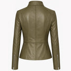 Women’s Olive Green Leather Jacket – Fitted Zip Up Moto Jacket