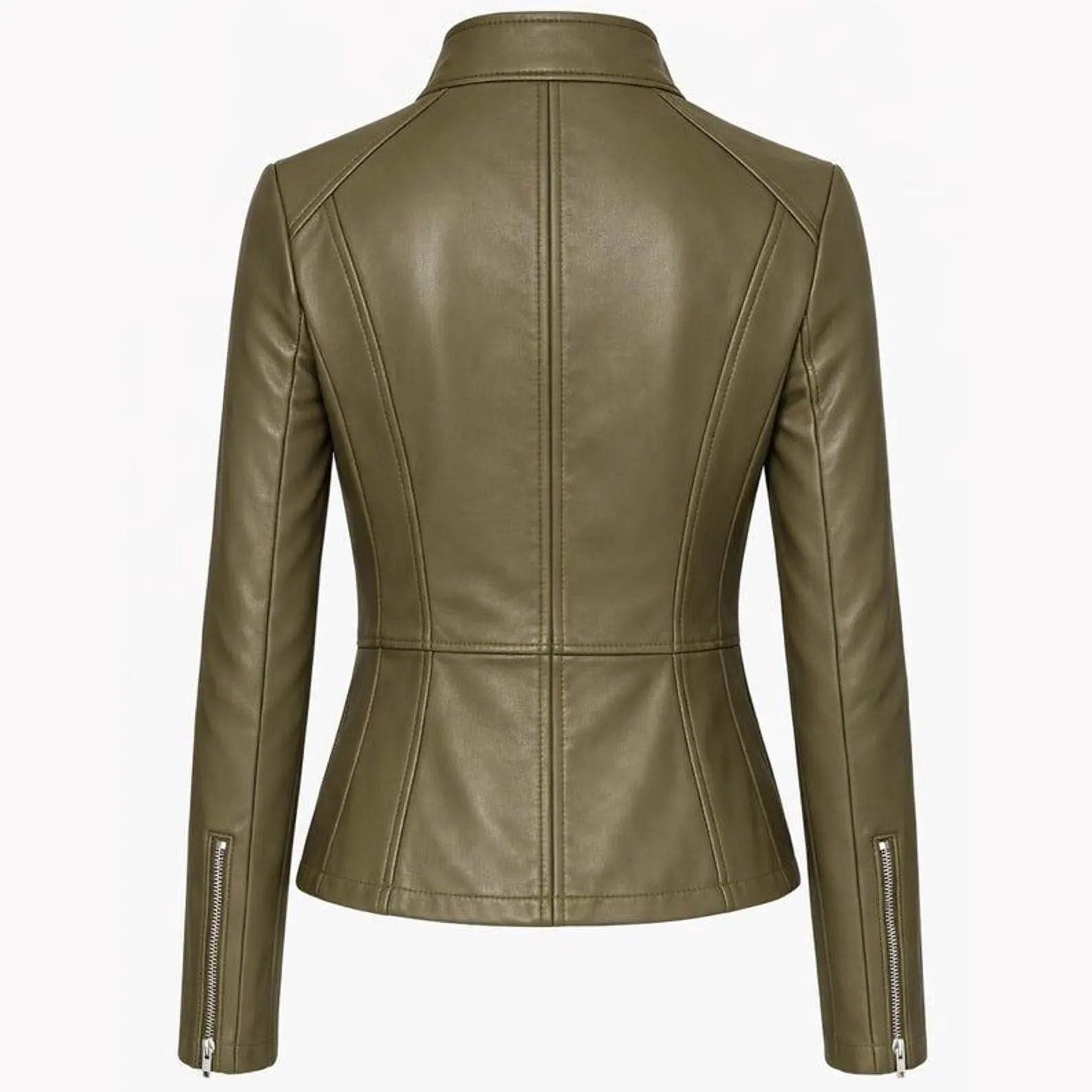 Women’s Olive Green Leather Jacket – Fitted Zip Up Moto Jacket