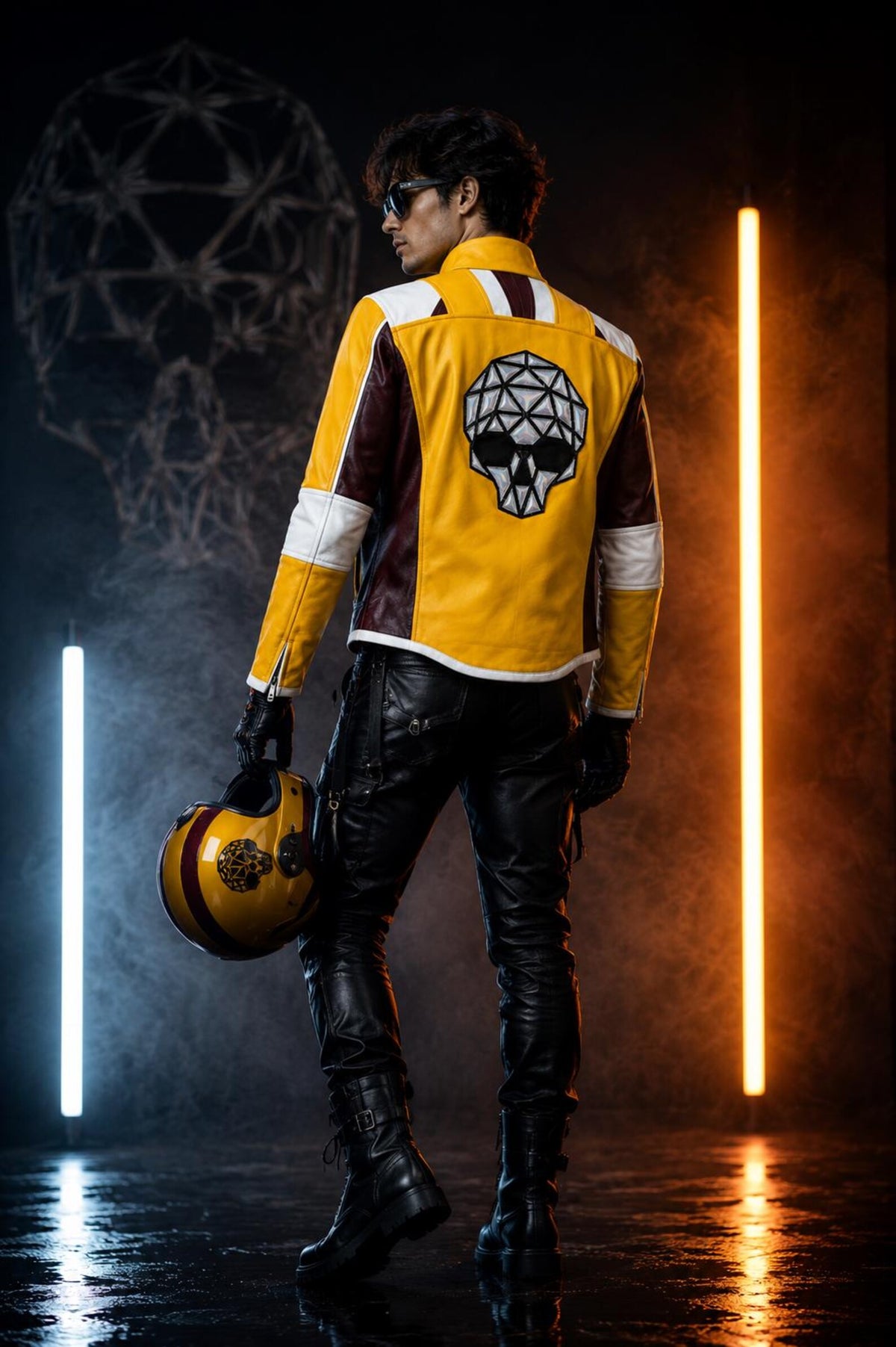 Men’s Yellow Racing Leather Jacket – Skull Back Graphic Motorcycle Biker Jacket with Burgundy & White Panels
