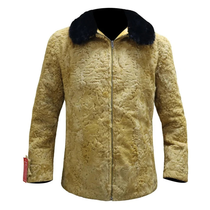 Men's Mustard Brown Persian Lamb Fur Bomber Jacket – Shearling Collar Coat
