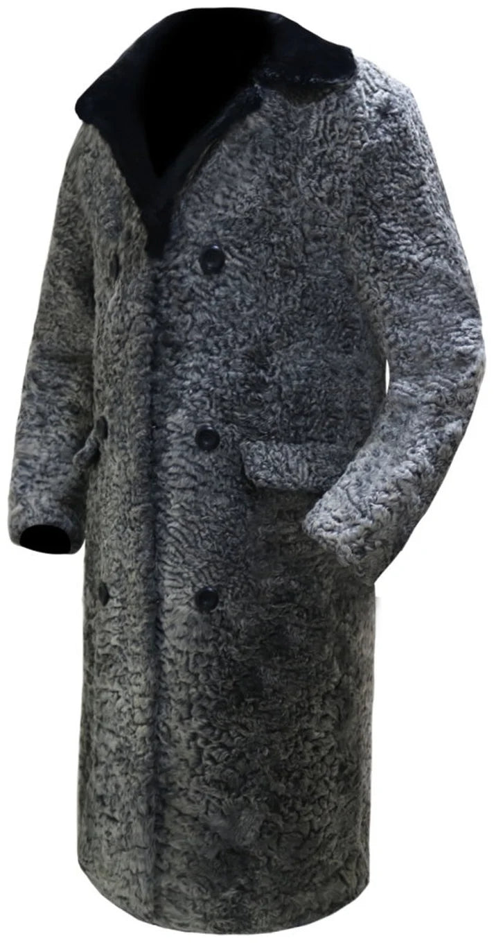 Men's Grey Persian Lamb Fur Coat – Genuine Fur Collar Long Coat | Jasperz