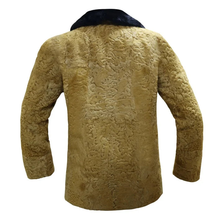 Men's Mustard Brown Persian Lamb Fur Bomber Jacket – Shearling Collar Coat