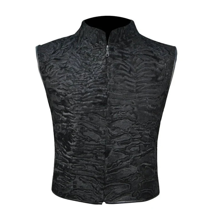 Men’s Black Textured Vest – Zip-Up Stand Collar Waistcoat