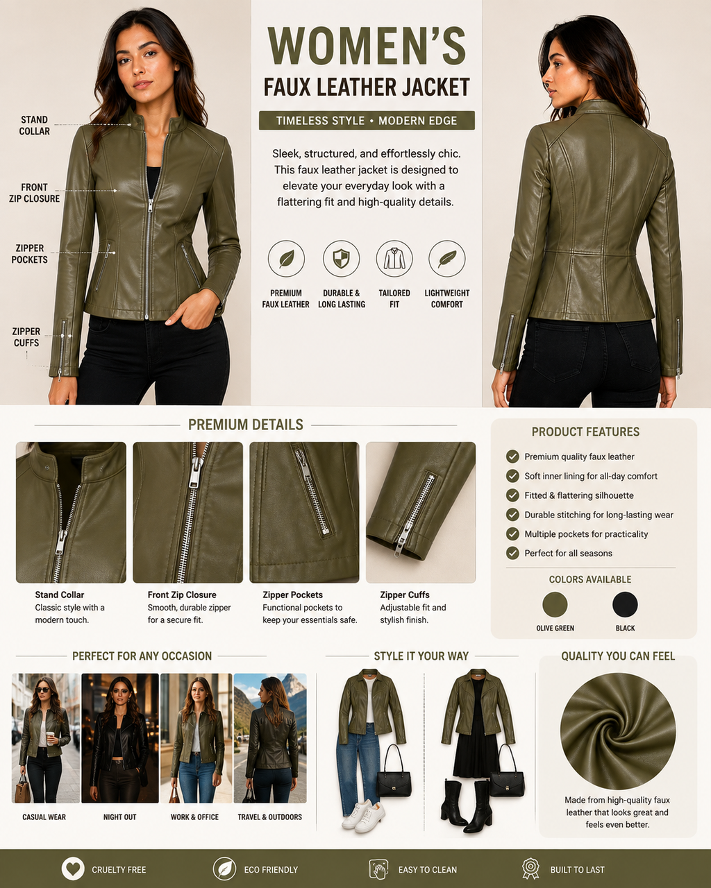 Women’s Olive Green Leather Jacket – Fitted Zip Up Moto Jacket