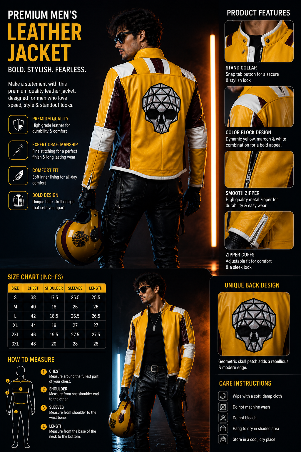 Men’s Yellow Racing Leather Jacket – Skull Back Graphic Motorcycle Biker Jacket with Burgundy & White Panels