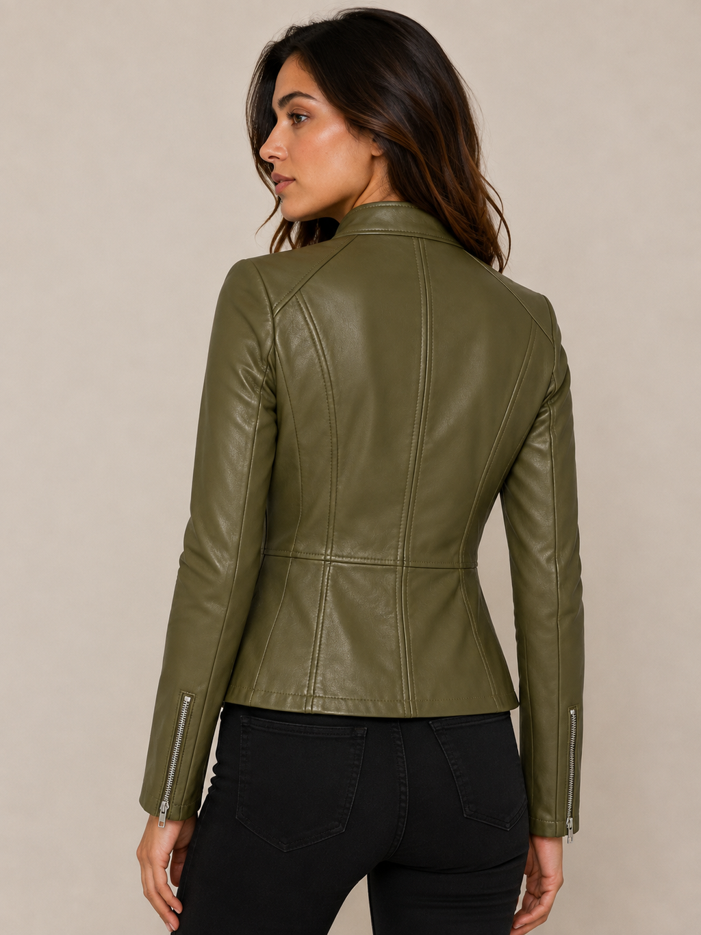 Women’s Olive Green Leather Jacket – Fitted Zip Up Moto Jacket
