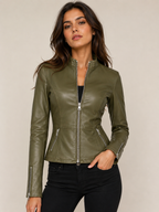 Women’s Olive Green Leather Jacket – Fitted Zip Up Moto Jacket